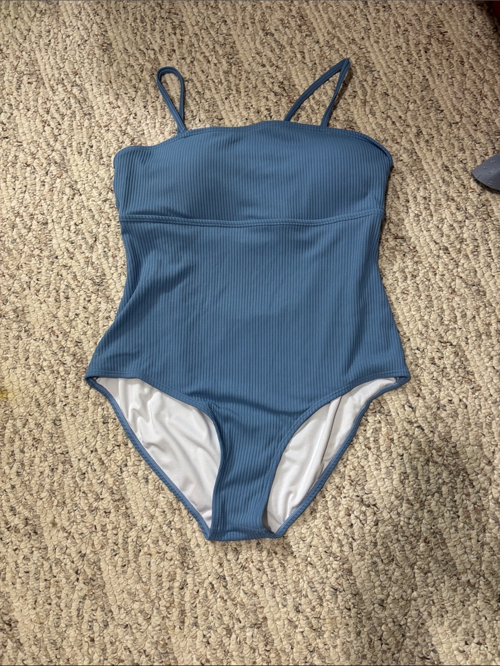 Ribbed Blue One-Piece Swimsuit with Thin Straps